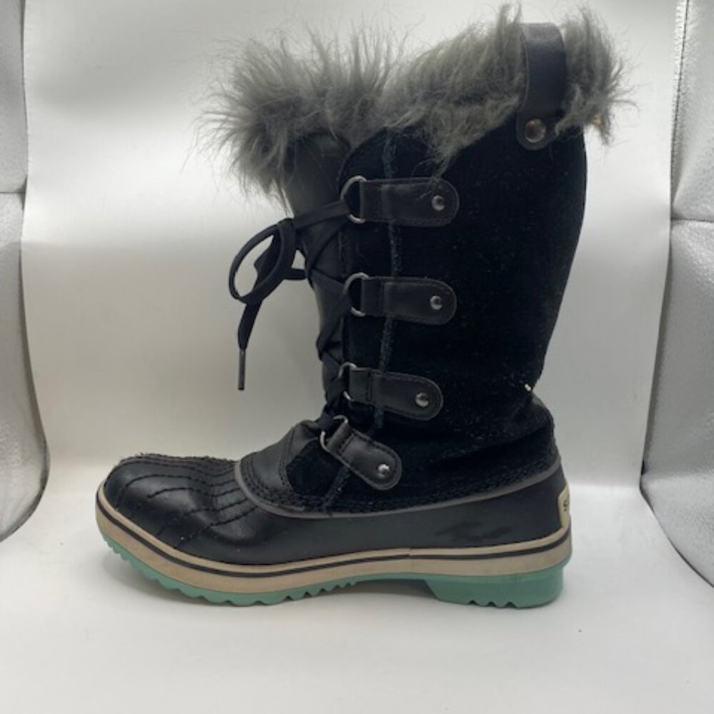 Kids SOREL black and blue lace up snow boots faux fur - Picture 11 of 13
